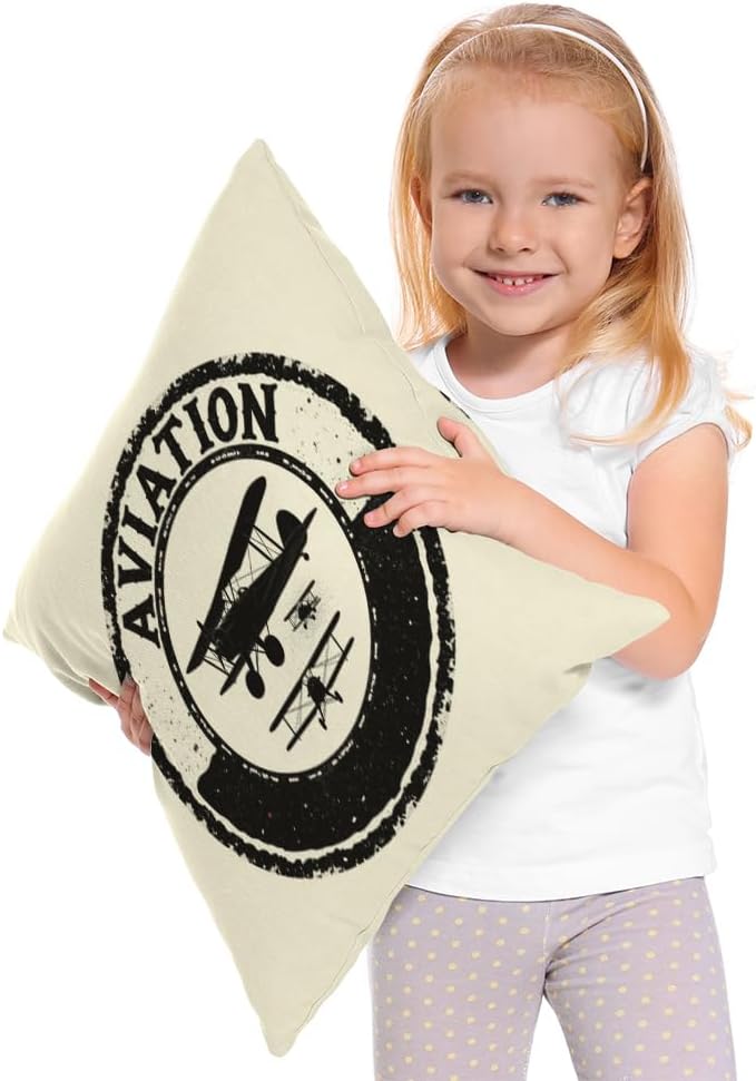 Moslion Airplane Throw Pillow Cover Stamp Design with Word Aviation and Airplane Pillow Case 18x18 Inch Cotton Linen Square Cushion Decorative Cover for Sofa Bedroom Black White - Image 2